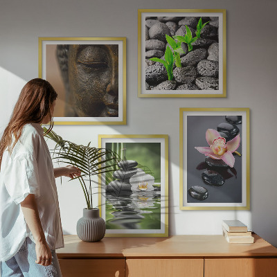 Tavelvägg ovanför soffa Fredlig Zen Blomma Buddha Komposition