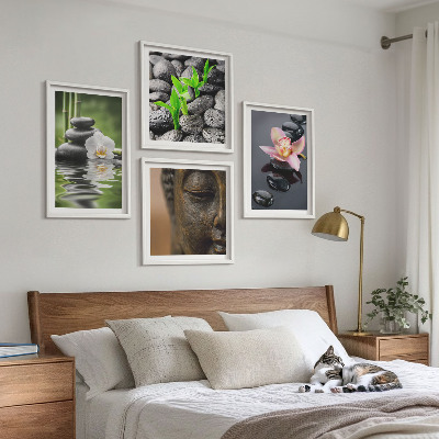 Tavelvägg ovanför soffa Fredlig Zen Blomma Buddha Komposition