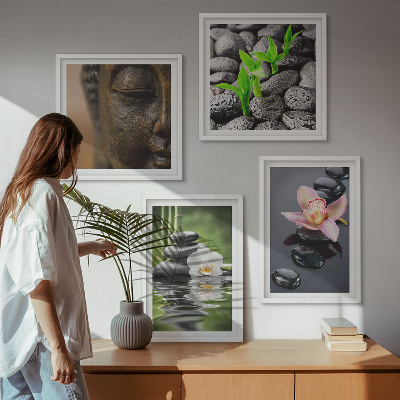 Tavelvägg ovanför soffa Fredlig Zen Blomma Buddha Komposition