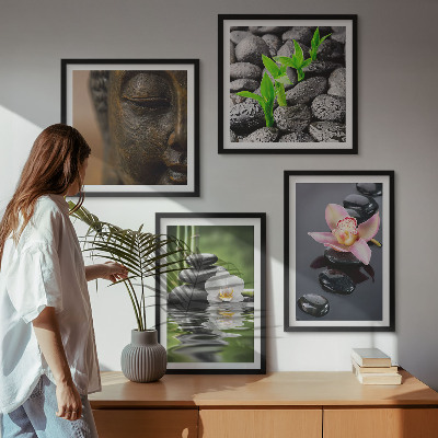Tavelvägg ovanför soffa Fredlig Zen Blomma Buddha Komposition