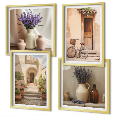 Set om 4 tavlor Lavendelblommor och arkitektur
