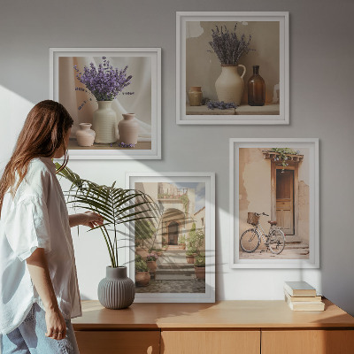 Set om 4 tavlor Lavendelblommor och arkitektur