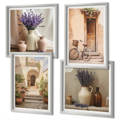 Set om 4 tavlor Lavendelblommor och arkitektur