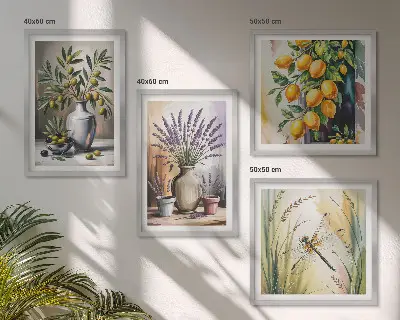 Tavelvägg med 4 tavlor med motiv av olivblommor i vaser i naturtoner
