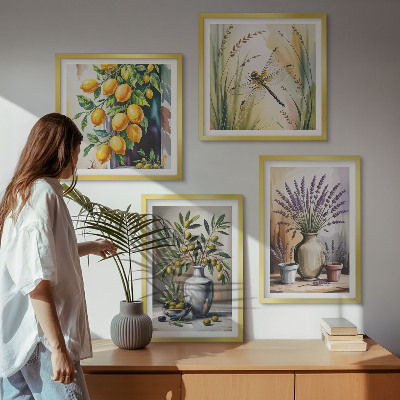 Tavelvägg med 4 tavlor Olivblommor i vaser natur
