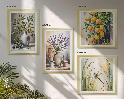Tavelvägg med 4 tavlor med motiv av olivblommor i vaser i naturtoner