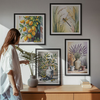 Tavelvägg med 4 tavlor Olivblommor i vaser natur
