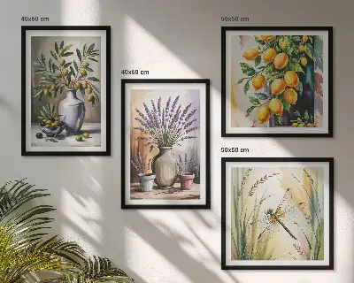 Tavelvägg med 4 tavlor med motiv av olivblommor i vaser i naturtoner