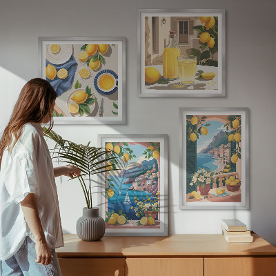 Tavelvägg ovanför soffa Italienska citroner från havets fönster