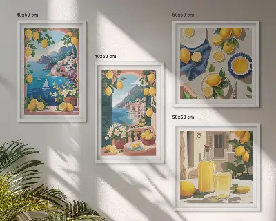 Tavelvägg med italienska citroner motiv från ett fönster vid havet