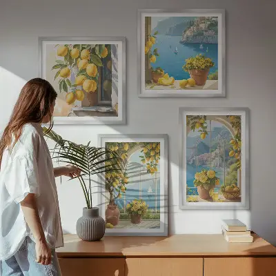 Havslandskap, citroner och fönster set om 4 tavlor