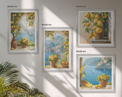 Set om 4 tavlor Havslandskap, citroner, fönster