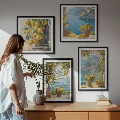 Havslandskap, citroner och fönster set om 4 tavlor