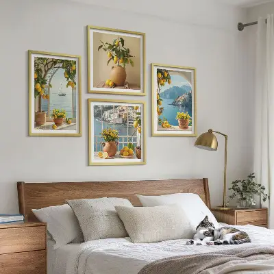 Tavelvägg med 4 tavlor motivet Citronblommor i havet