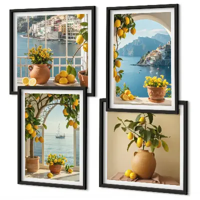 Tavelvägg med 4 tavlor motivet Citronblommor i havet