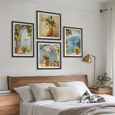Tavelvägg med 4 tavlor motivet Citronblommor i havet