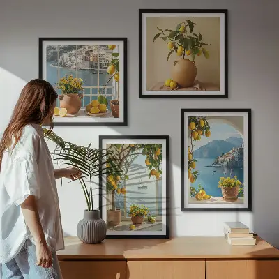 Tavelvägg med 4 tavlor motivet Citronblommor i havet