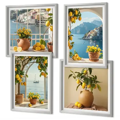 Tavelvägg med 4 tavlor motivet Citronblommor i havet