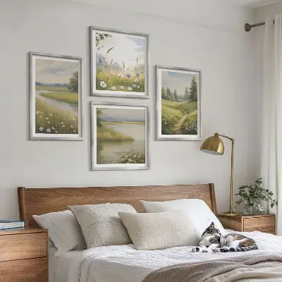 Vårlandskap flodäng tavelvägg ovanför soffa