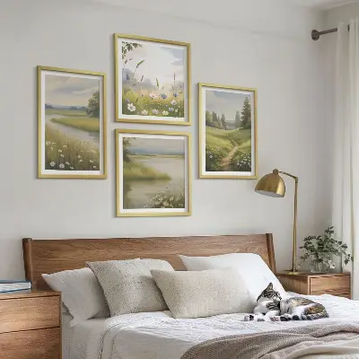 Vårlandskap flodäng tavelvägg ovanför soffa