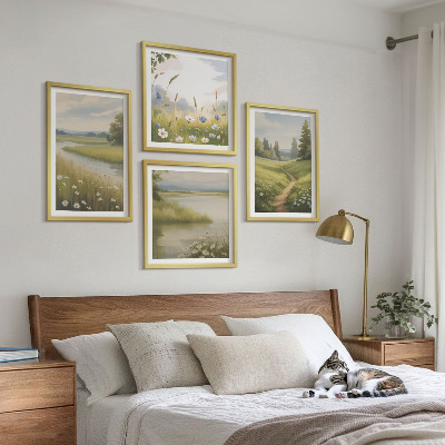 Tavelvägg ovanför soffa Vårlandskap flodäng
