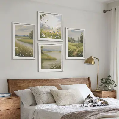 Vårlandskap flodäng tavelvägg ovanför soffa