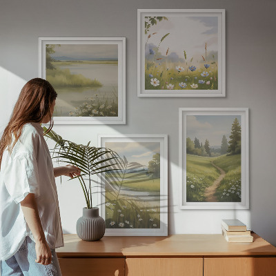 Tavelvägg ovanför soffa Vårlandskap flodäng
