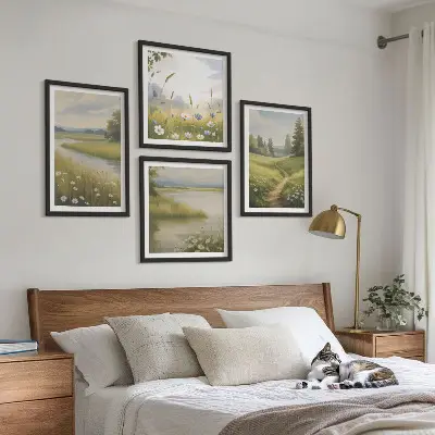 Vårlandskap flodäng tavelvägg ovanför soffa