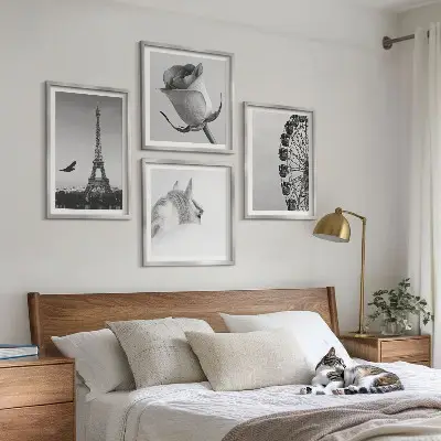 Tavelset med motiv av ros, Eiffeltornet, häst och pariserhjul set om 4 tavlor i svartvitt