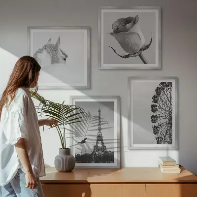 Tavelset med motiv av ros, Eiffeltornet, häst och pariserhjul set om 4 tavlor i svartvitt