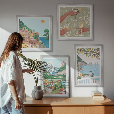 Set om 4 tavlor Pastellfärgade hus vid havet