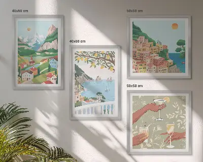 Pastellfärgade hus vid havet set om 4 tavlor