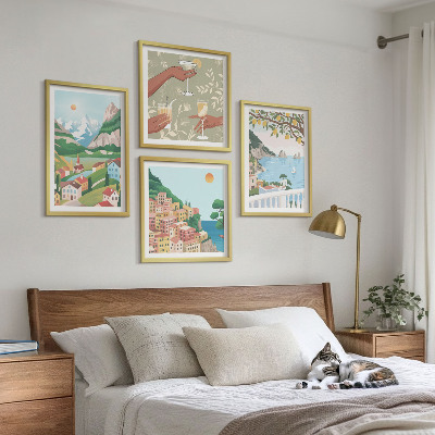 Set om 4 tavlor Pastellfärgade hus vid havet