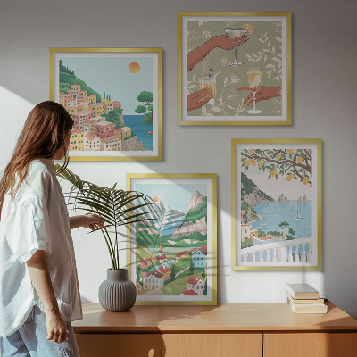 Set om 4 tavlor Pastellfärgade hus vid havet