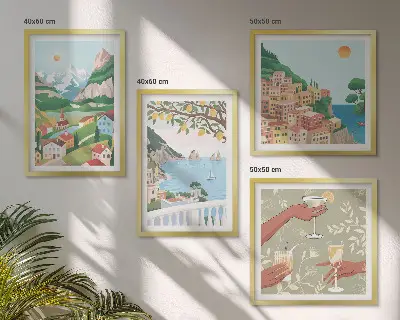 Pastellfärgade hus vid havet set om 4 tavlor