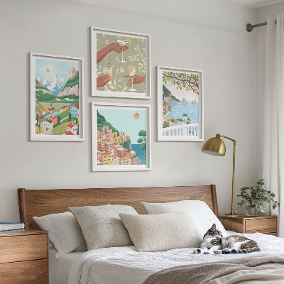 Set om 4 tavlor Pastellfärgade hus vid havet