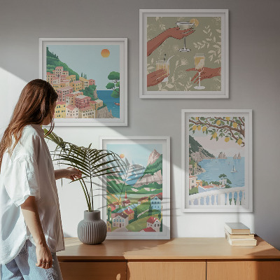 Set om 4 tavlor Pastellfärgade hus vid havet