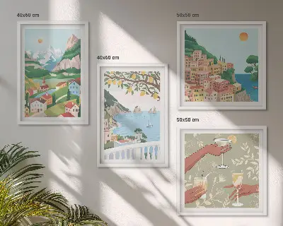 Pastellfärgade hus vid havet set om 4 tavlor