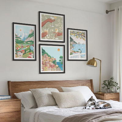Set om 4 tavlor Pastellfärgade hus vid havet