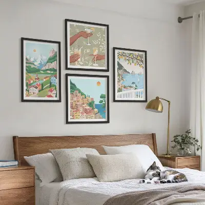 Pastellfärgade hus vid havet set om 4 tavlor