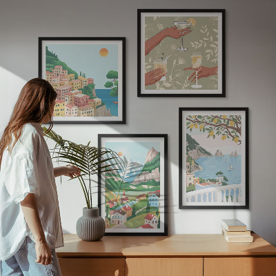 Set om 4 tavlor Pastellfärgade hus vid havet