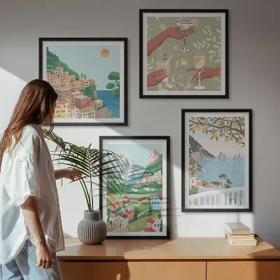 Pastellfärgade hus vid havet set om 4 tavlor