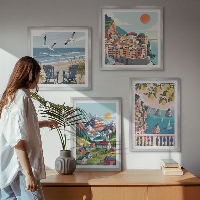 Tavelvägg med 4 tavlor Färgglada berg och kuststäder