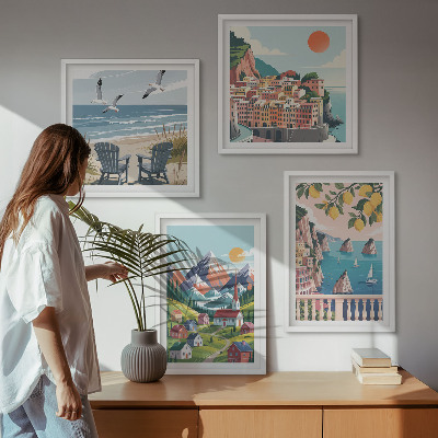 Tavelvägg med 4 tavlor Färgglada berg och kuststäder