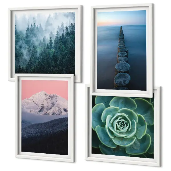 Set med 4 tavlor med motiv av berg, rosa himmel och vatten