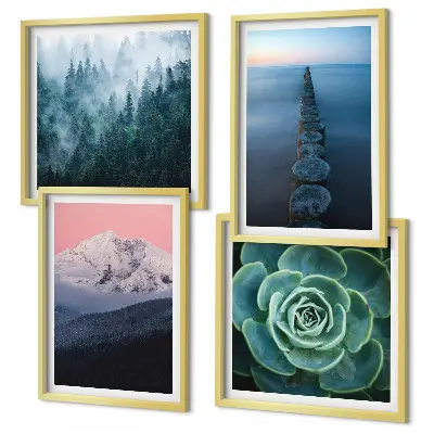Set med 4 tavlor med motiv av berg, rosa himmel och vatten
