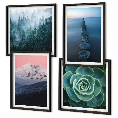 Set med 4 tavlor med motiv av berg, rosa himmel och vatten