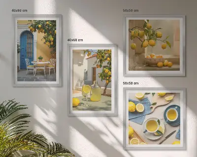 Tavelvägg med citrontema citroner och lemonad vid en blå dörr