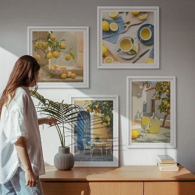 Tavelvägg ovanför soffa Citroner lemonad blå dörr