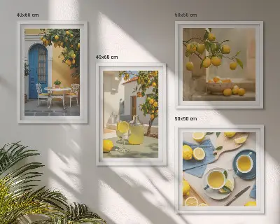 Tavelvägg med citrontema citroner och lemonad vid en blå dörr